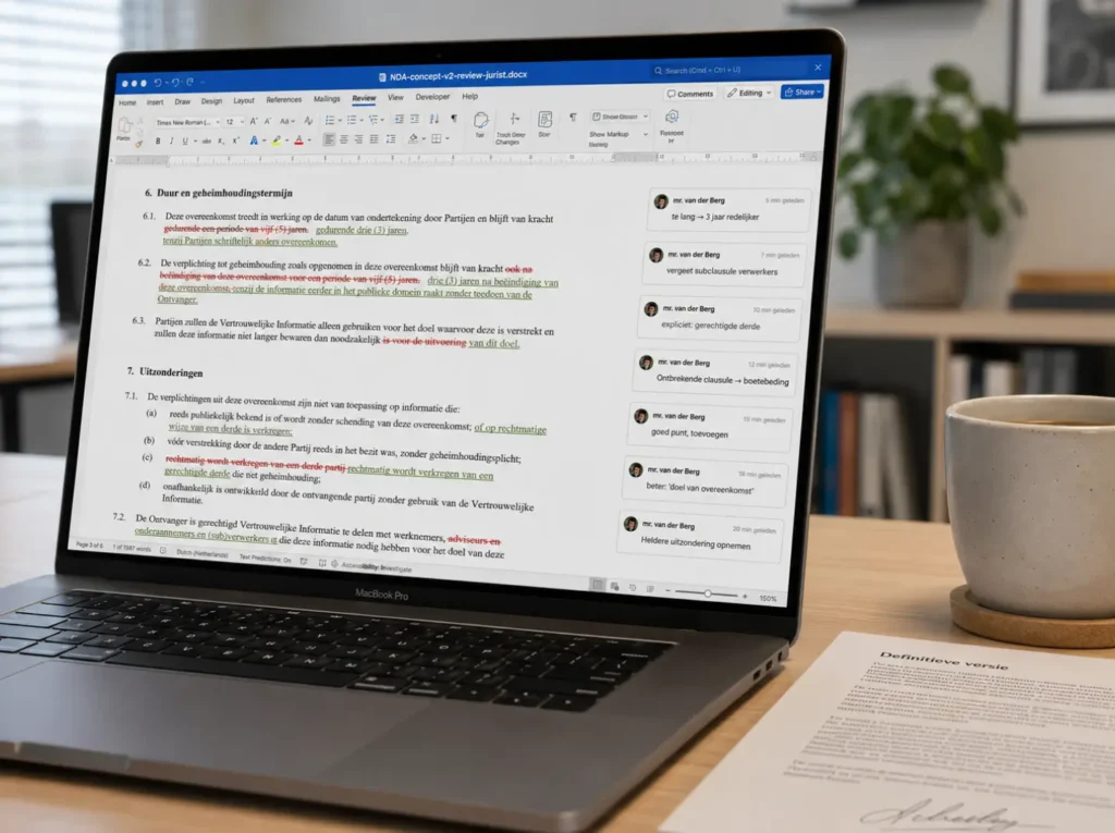 AI gegenereerd NDA-concept met track changes en opmerkingen van jurist na juridische review voor definitieve versie