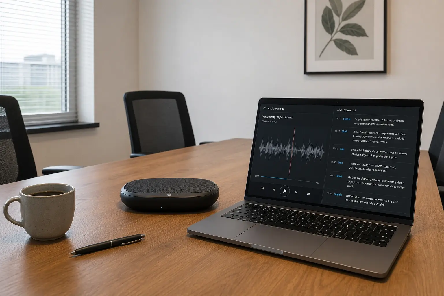 AI-notulen opname en live-transcript op vergadertafel