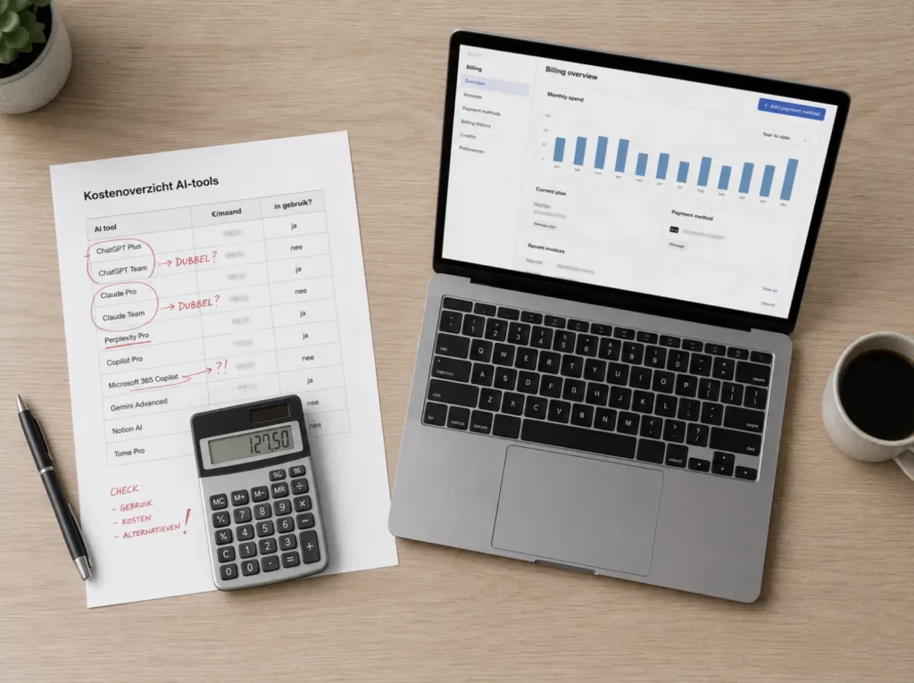 Realistisch maandbudget voor AI-tools bij MKB met cost-spreadsheet, calculator en billing dashboard