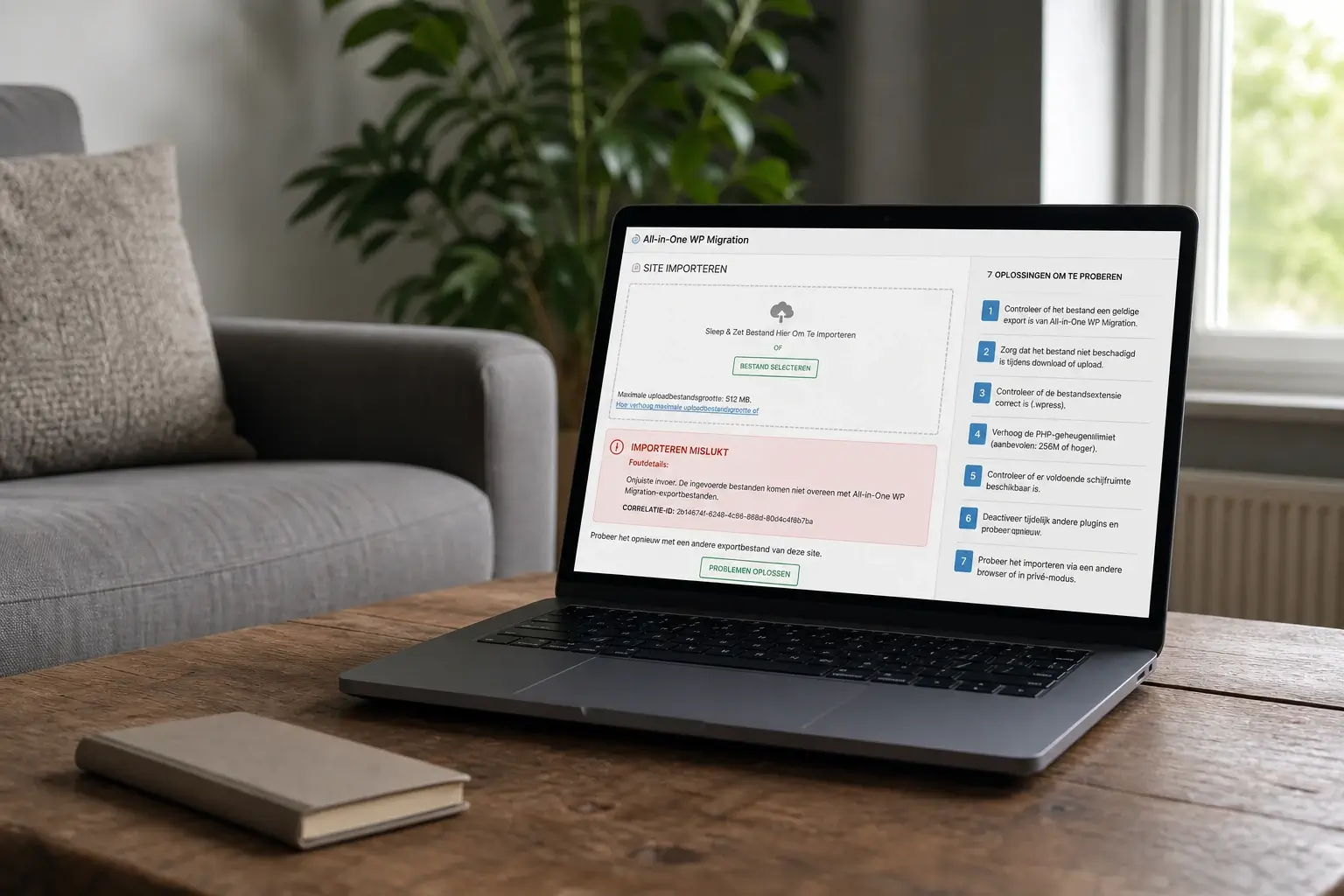 Werkplek met een mislukte All-in-One WP Migration import en de 7 oplossingen