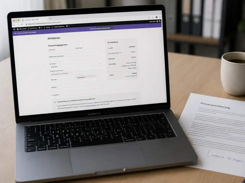 AVG-consent voor cart-recovery tracking in WooCommerce checkout met privacy-checkbox voor toestemming