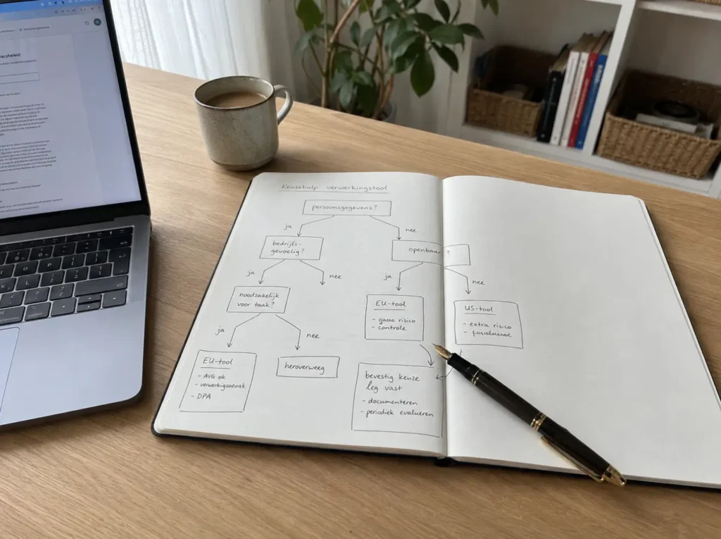 Beslisboom voor het kiezen van AI-tool op basis van data-gevoeligheid en EU- of US-provider keuze