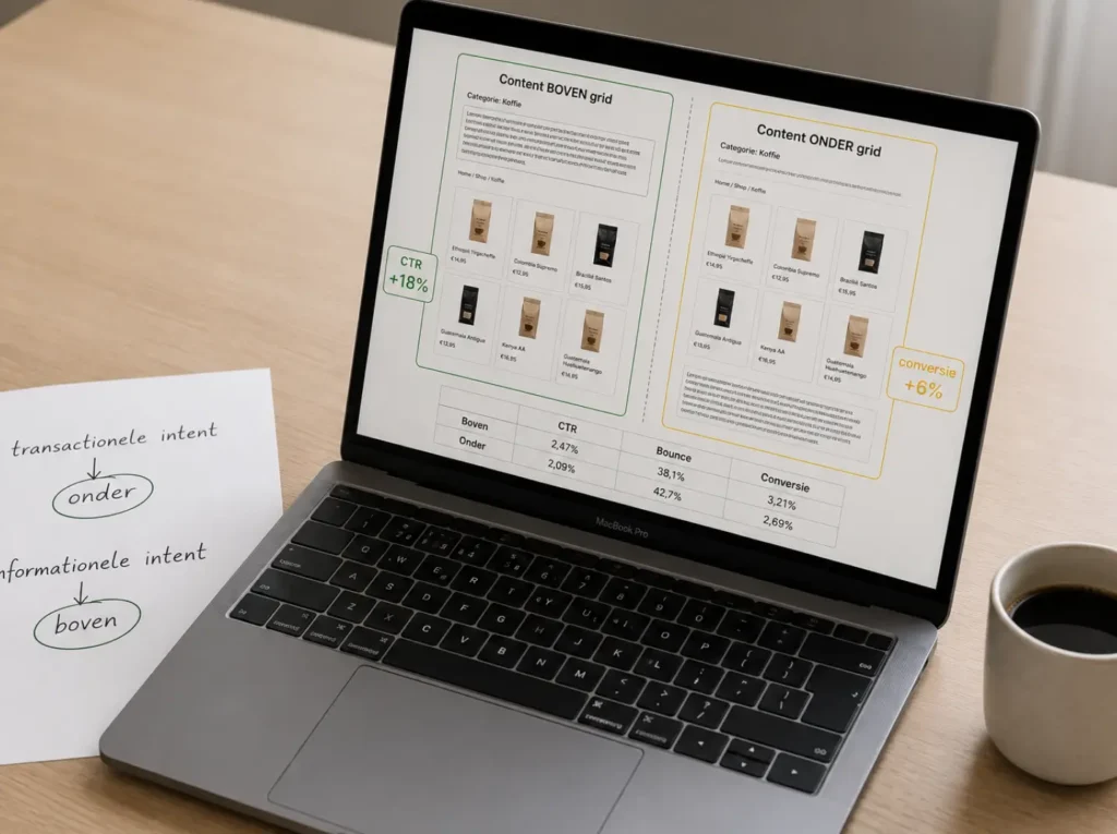 WooCommerce categoriepagina met content boven of onder de productengrid vergeleken op CTR en conversie