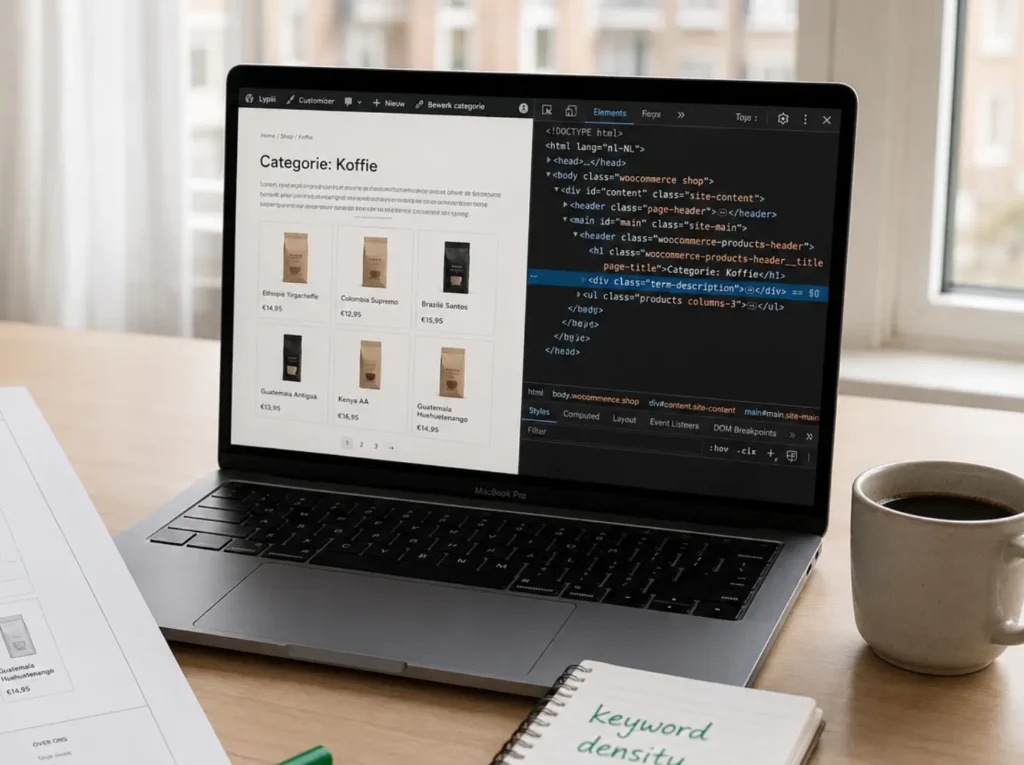 Werkplek voor SEO analyse van een WooCommerce categoriepagina met wireframe en DevTools DOM-hierarchie op laptop
