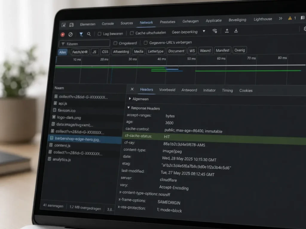 cf-cache-status HIT controleren via Chrome DevTools Network tab voor Cloudflare cache-verificatie