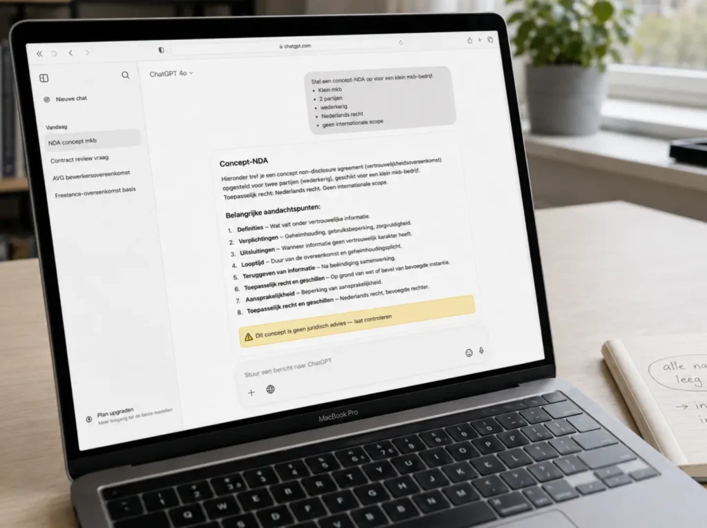 ChatGPT genereert een NDA-concept voor mkb met genummerde clausules en waarschuwing dat het geen juridisch advies is