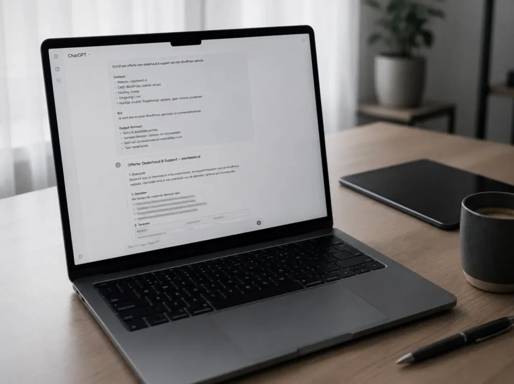 Structured ChatGPT prompt voor offerte schrijven met context, rol en output-format voor een MKB-ondernemer