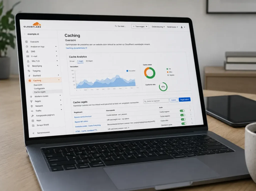 Cloudflare cache WooCommerce: dashboard met cache hit ratio en Cache Rules