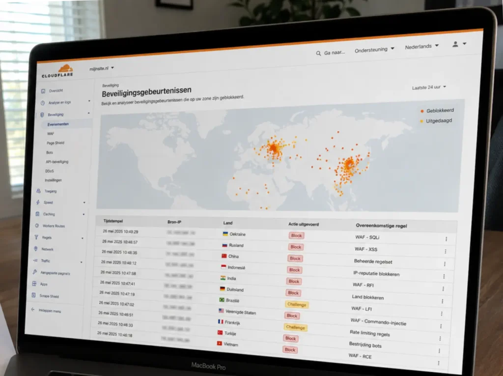 Cloudflare Security Events dashboard met wereldkaart en tabel van geblokkeerde verzoeken voor WordPress site