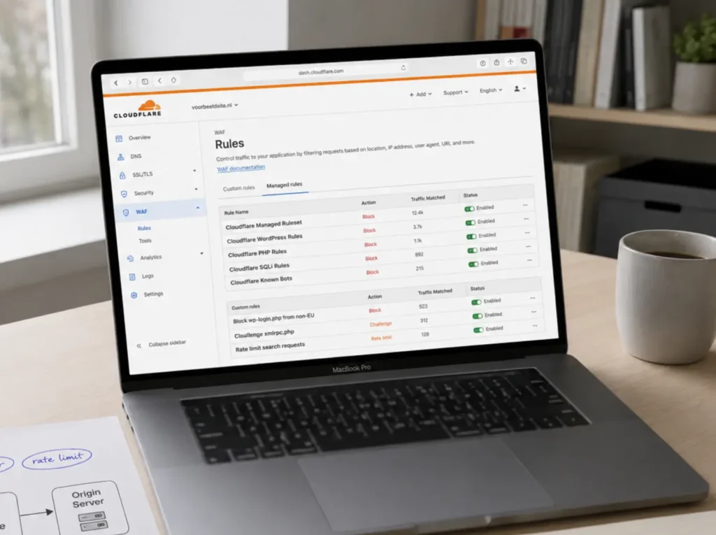 Werkplek voor het instellen van Cloudflare WAF voor WordPress met rules dashboard en architectuurdiagram edge naar origin