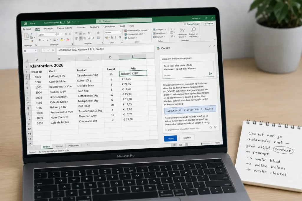 Microsoft Copilot stelt een VLOOKUP-formule voor in Excel