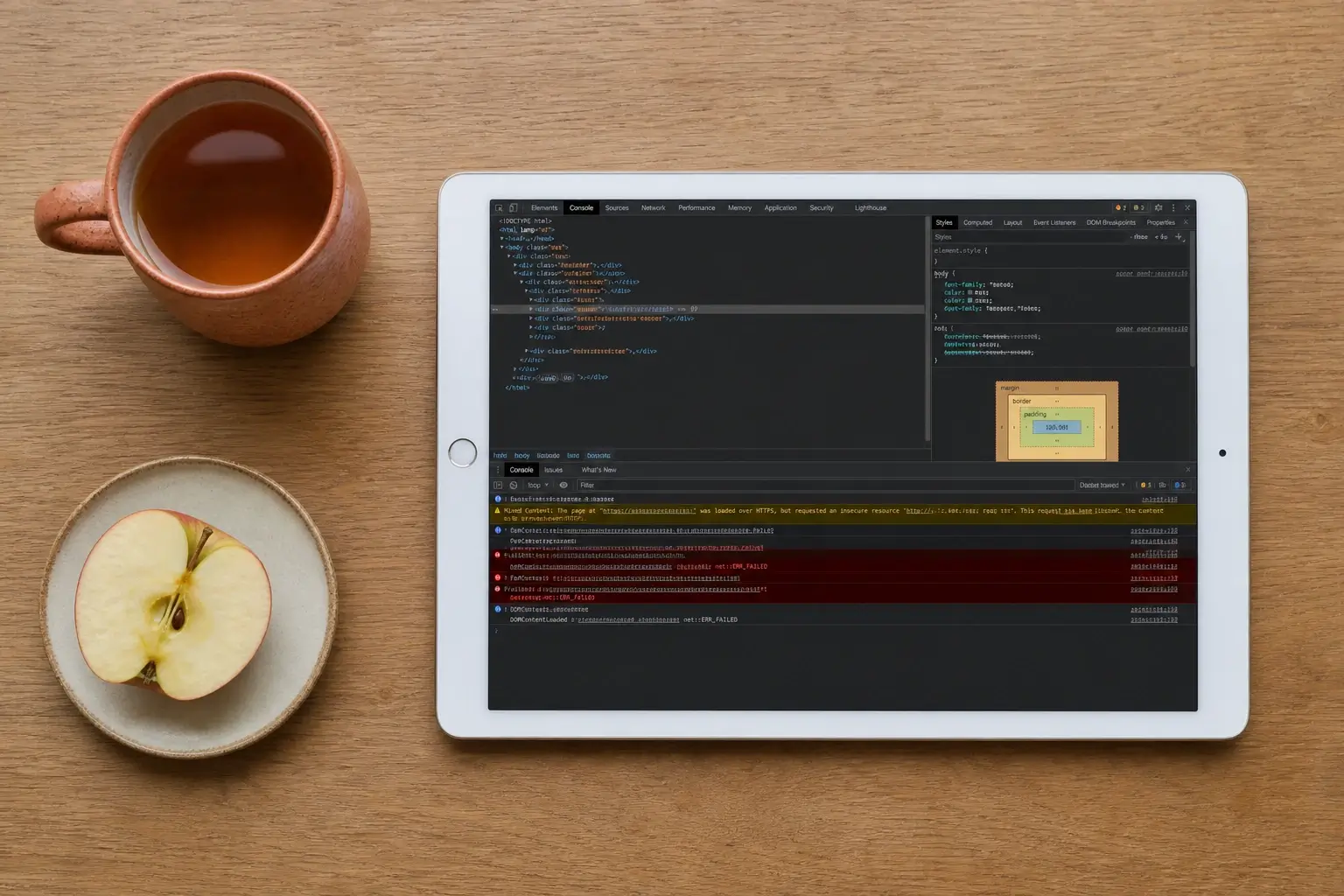 Browser-console met mixed content-waarschuwing
