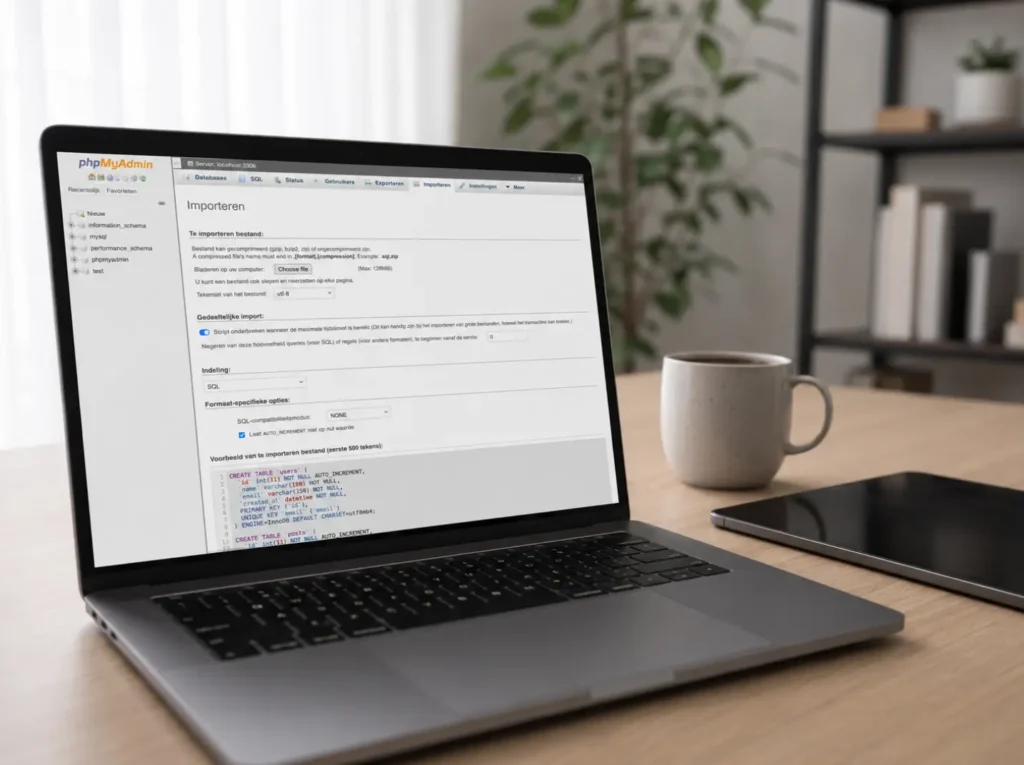 WordPress database restoreren via phpMyAdmin import met SQL-file upload als handmatige backup-herstel'