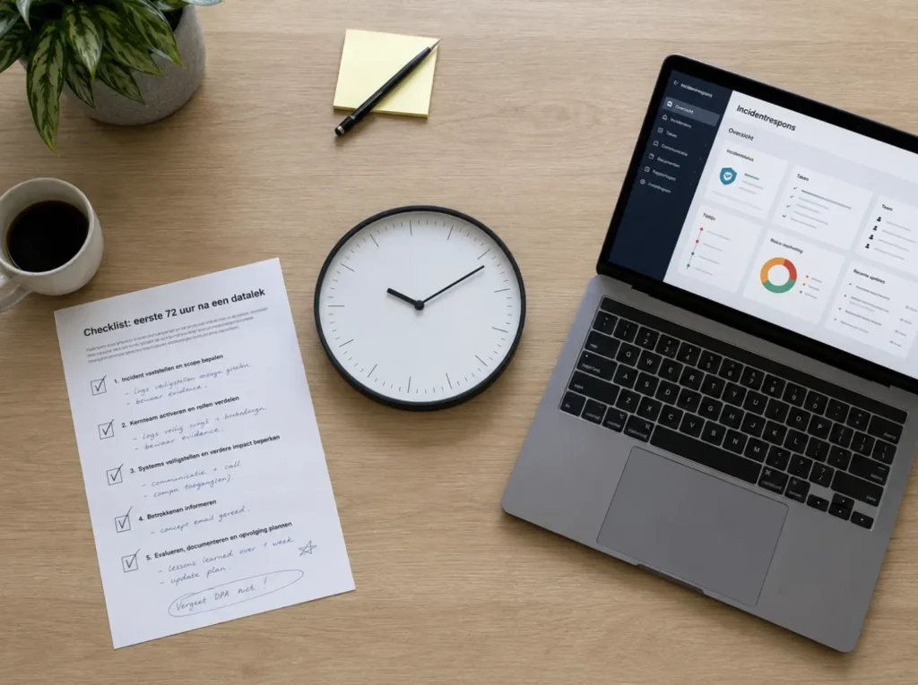 Datalek-respons stappenplan voor de eerste 72 uur met klok als deadline-indicator en checklist op werkplek