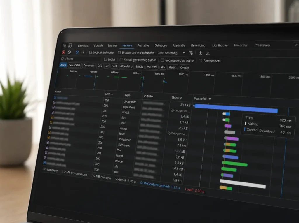 Chrome DevTools waterfall met zichtbare TTFB voor het analyseren van server-response bij een trage WordPress site