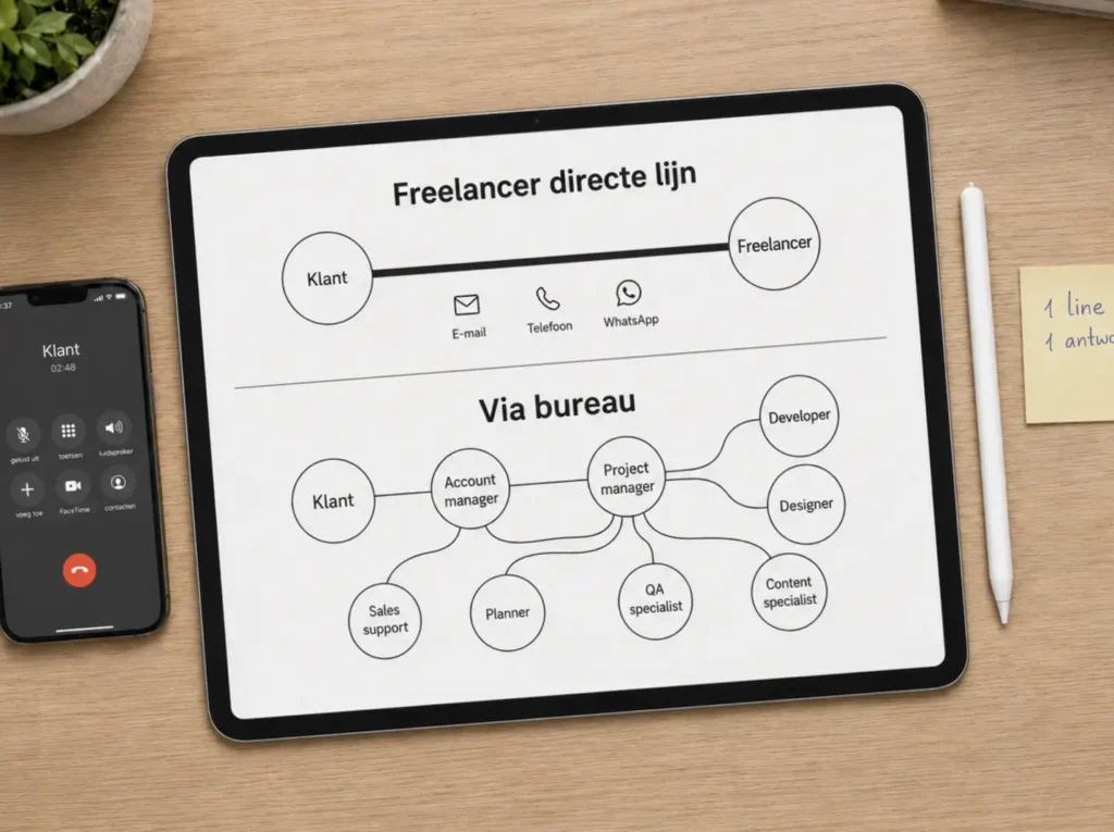 Vergelijking van directe communicatielijn met freelancer tegenover indirecte weg via bureau met meerdere schakels