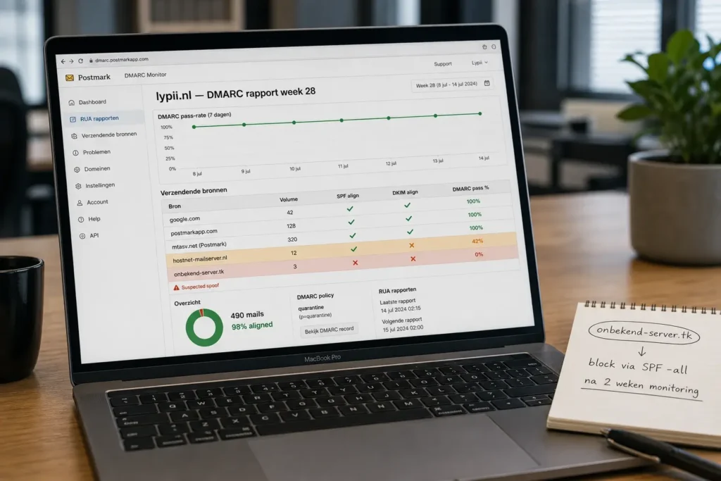 DMARC rua-rapport met verzendende bronnen en alignment-percentages