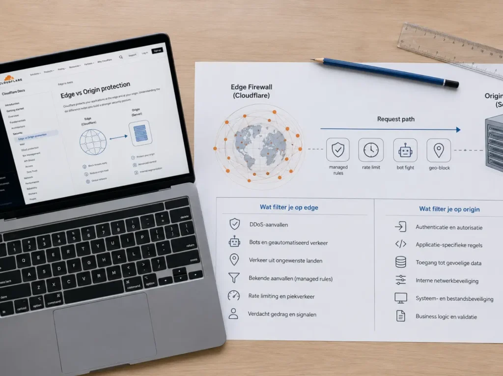 Diagram van edge firewall via Cloudflare tegenover origin firewall op de server voor WordPress bescherming