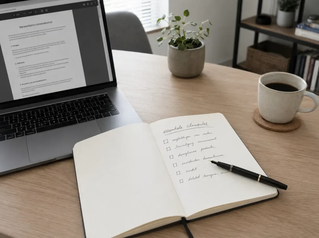 Essentiële clausules van een verwerkersovereenkomst in een handgeschreven checklist voor AVG-compliance