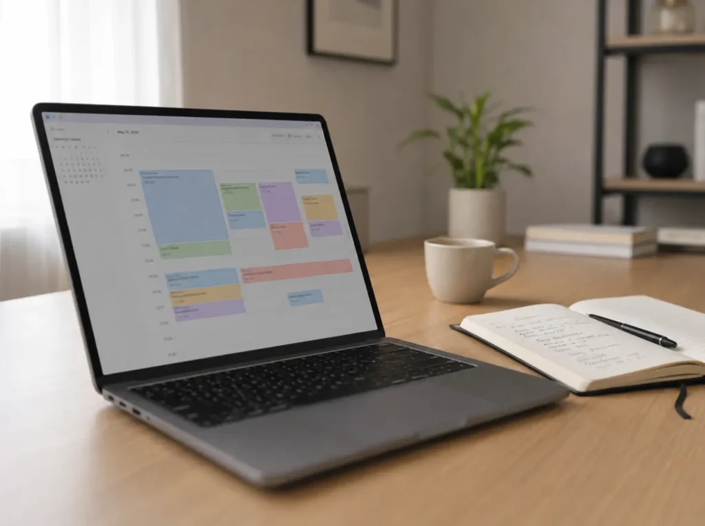 Focus blocks in werkdag-agenda voor productieve freelance werkdag zonder kantoor-onderbrekingen