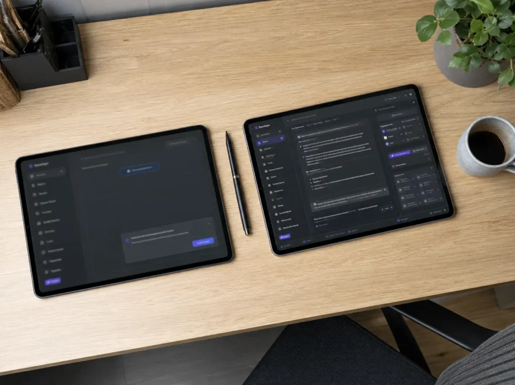Vergelijking tussen gratis en betaalde AI-tools voor MKB met feature-verschillen op tablet