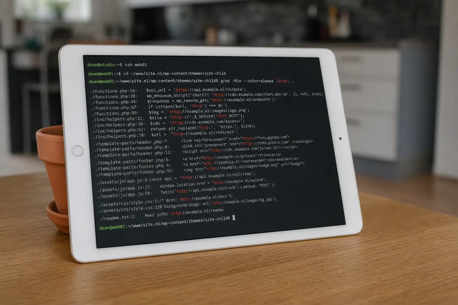 SSH grep-scan voor hardcoded http-URL's in child-theme