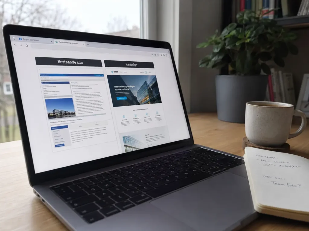 Overweging tussen herbouwen en doorontwikkelen van een website met vergelijking van bestaande site en redesign-mockup
