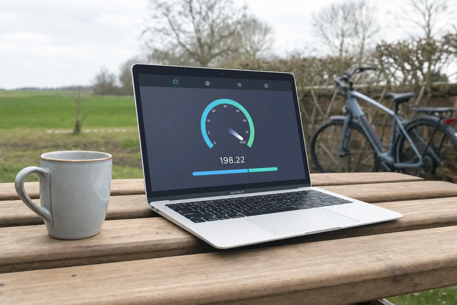Internet Zeeuws-Vlaanderen glasvezel: snelheidsmeter op laptop met glasvezelaanleg in een dorp