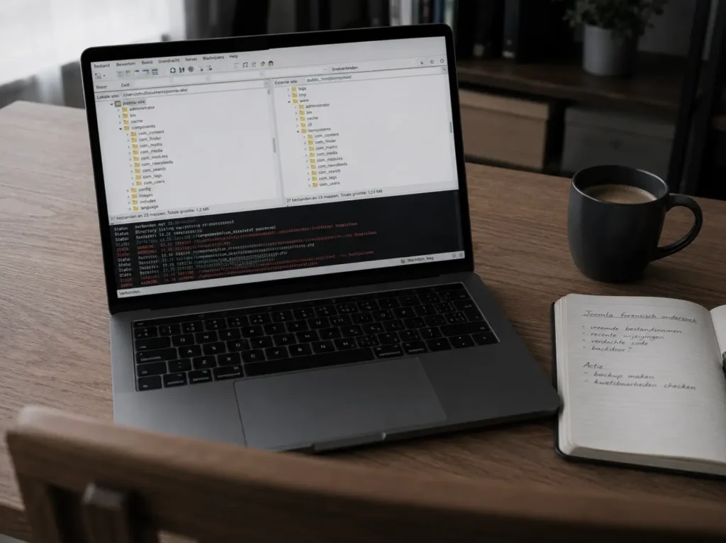 Forensische cleanup van Joomla malware-infectie via FTP en terminal tijdens een werkweek-taak