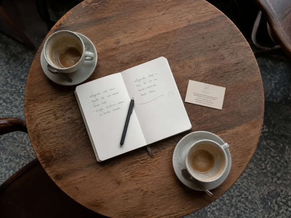 Klantgesprek in een café met eerlijke doorverwijzing naar een geschikte vakgenoot via business card