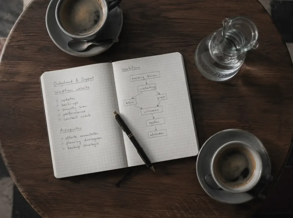 Klantgesprek met een ondernemer in Sas van Gent aan de café-tafel met koffie en notitieboek