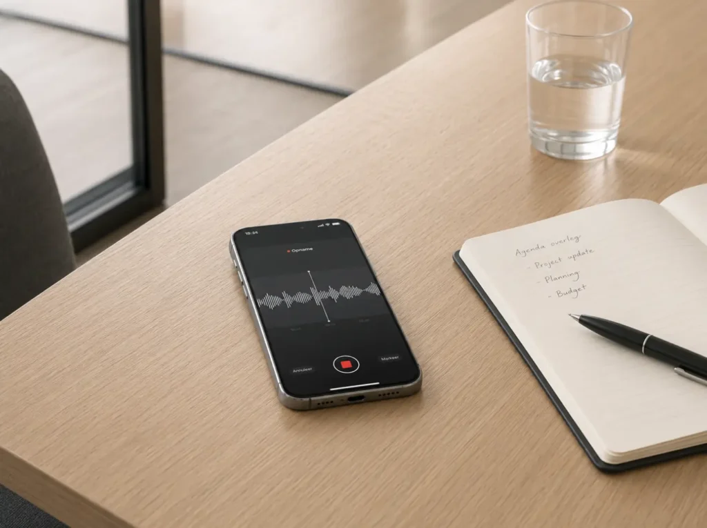 Klantgesprek opnemen voor AI-transcriptie via mobiele app op een conference table tijdens MKB-vergadering