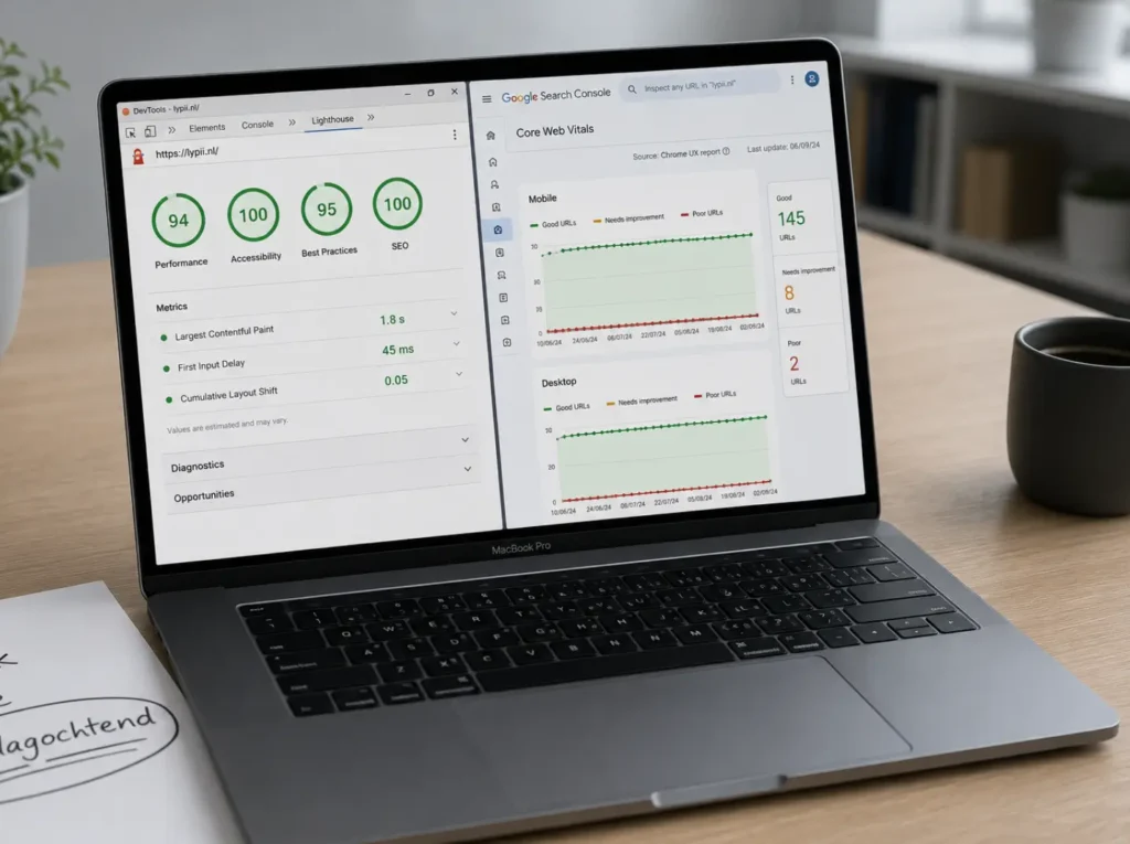 Wekelijkse performance meting met Lighthouse audit en Google Search Console Core Web Vitals voor site monitoring