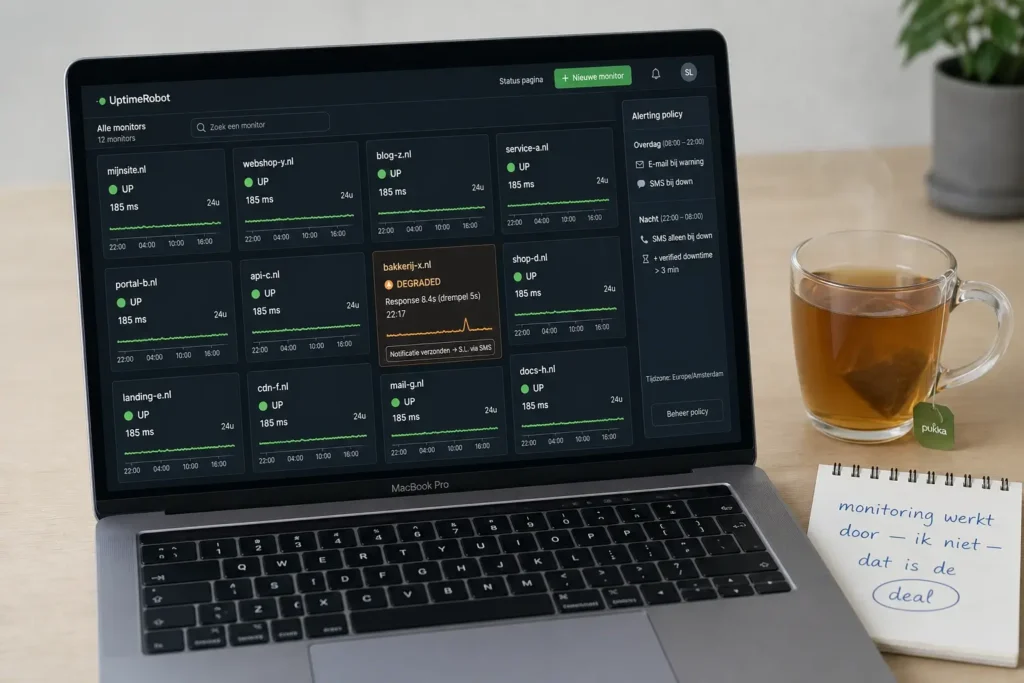 Monitoring-dashboard dat een website buiten werkuren bewaakt
