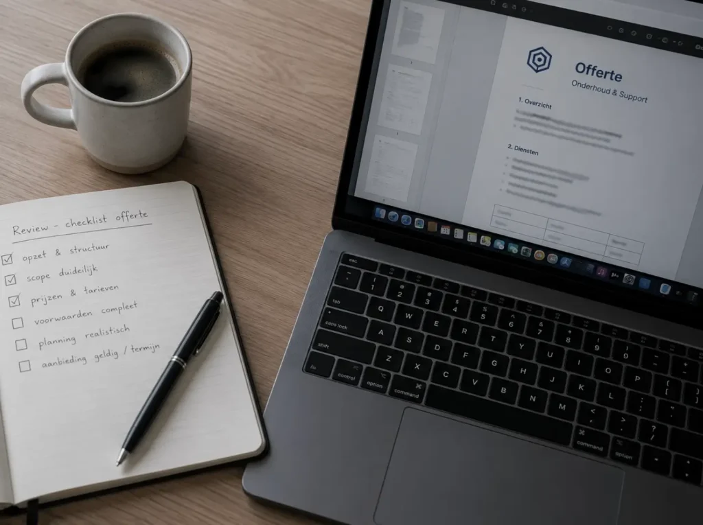 Handgeschreven eindcontrole-checklist voor het reviewen van een offerte voordat deze naar de klant gaat