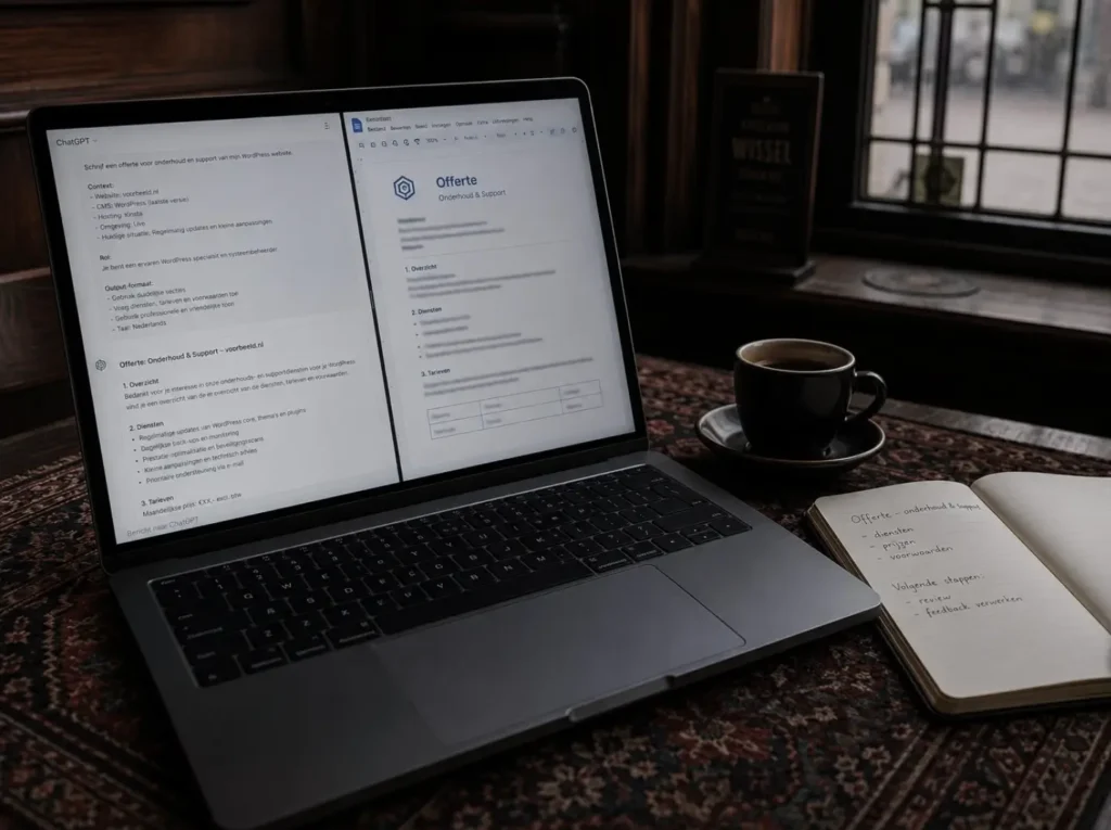 Offerte schrijven met AI in een bruin café met ChatGPT-prompt en draft document side-by-side