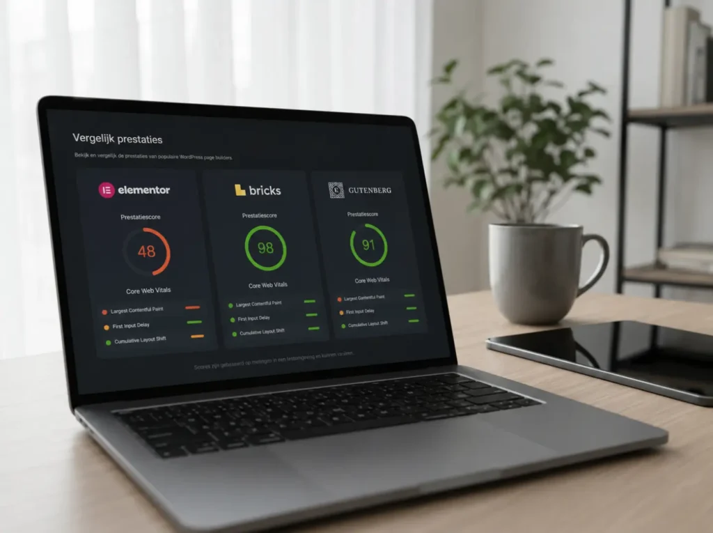 PageSpeed vergelijking tussen Elementor, Bricks en Gutenberg met Core Web Vitals scores per builder