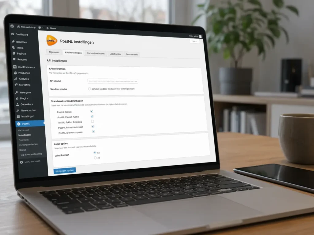 PostNL plugin instellingen in WooCommerce met API-credentials, verzendmethoden en label-formaat opties