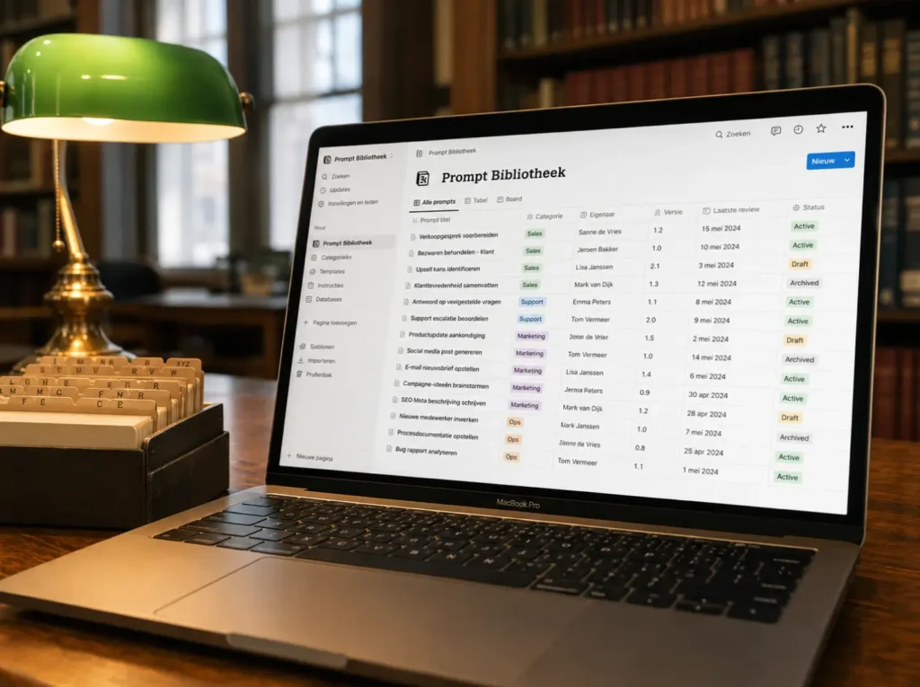 Werkplek in bibliotheek voor het opbouwen van een prompt bibliotheek voor het mkb met Notion database en kaarten