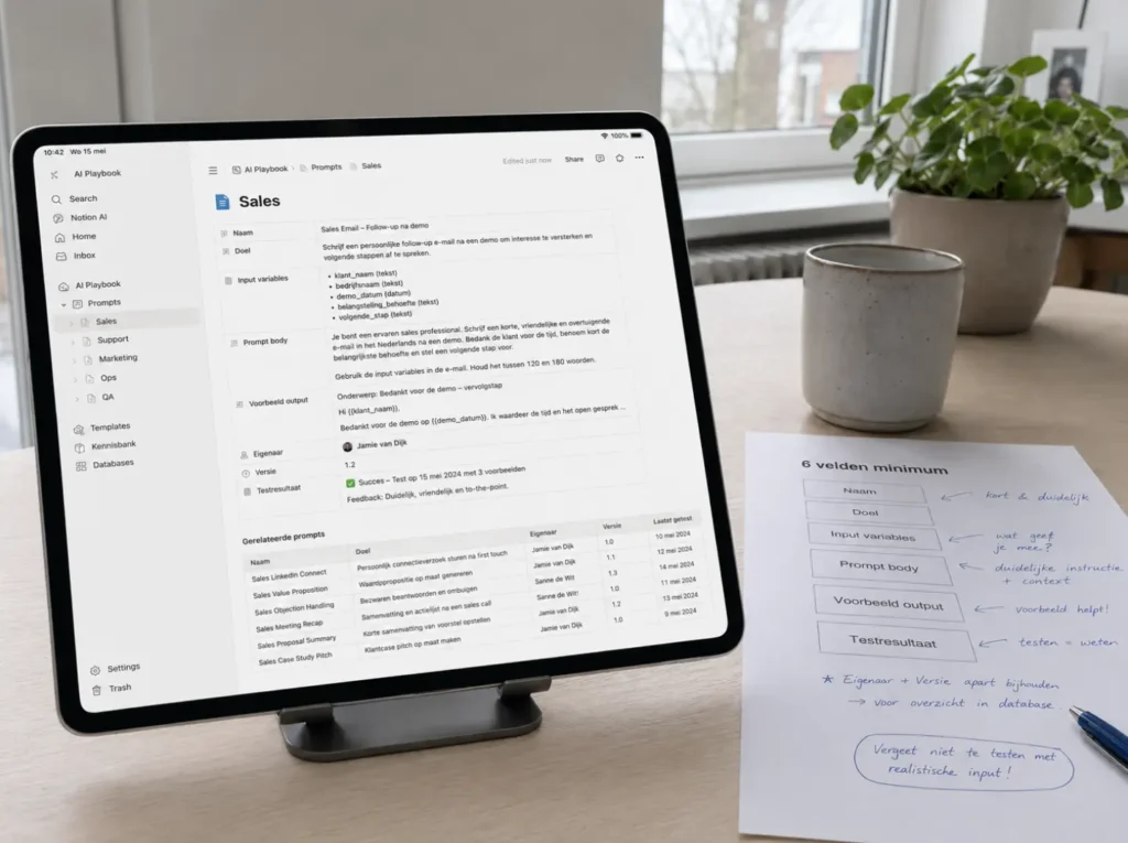 Prompt library in Notion voor mkb met velden voor doel input variabelen eigenaar en versie per prompt template
