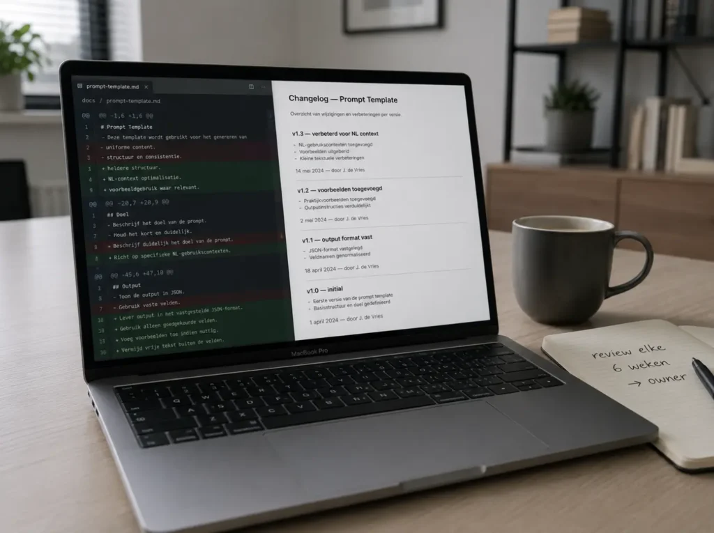 Versiebeheer van prompts met diff-weergave en changelog document voor het bijhouden van prompt-veranderingen