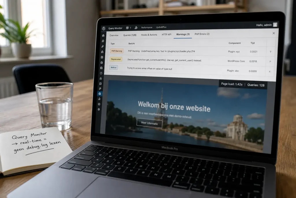 Query Monitor in de WordPress admin-balk toont warnings en queries live