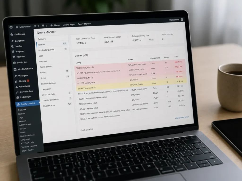 Query Monitor toont slow database queries op een trage WordPress site voor debug van bottleneck