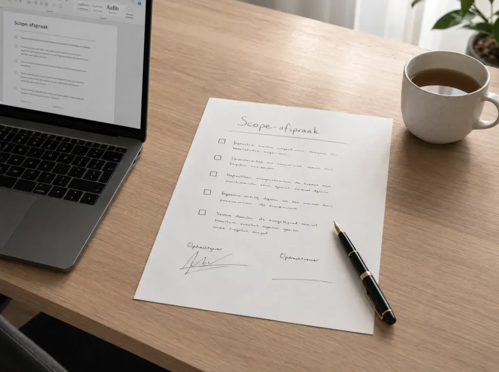 Scope-afspraak op papier ondertekend bij webmaster-werk voor familie of vrienden om verwachtingen helder te houden
