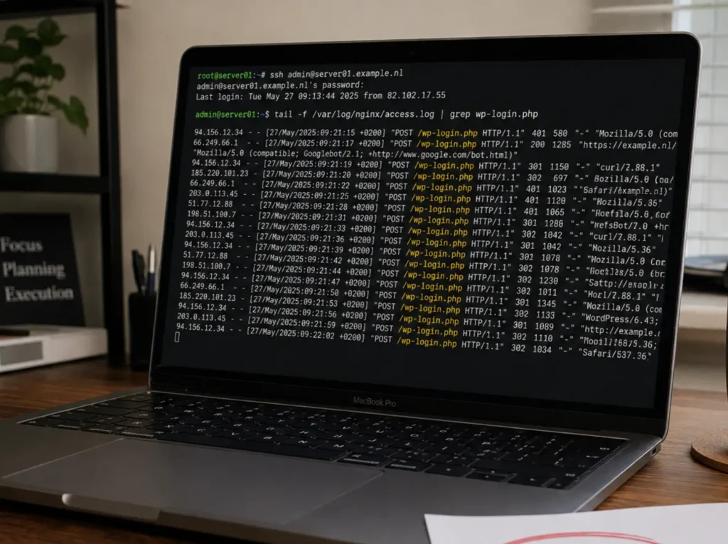 Server access-log forensiek in terminal met verdachte POST-verzoeken naar wp-login.php na een WordPress hack
