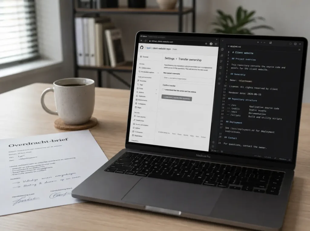 Source code eigendom overgedragen aan klant via GitHub transfer repository met owner regel in README document