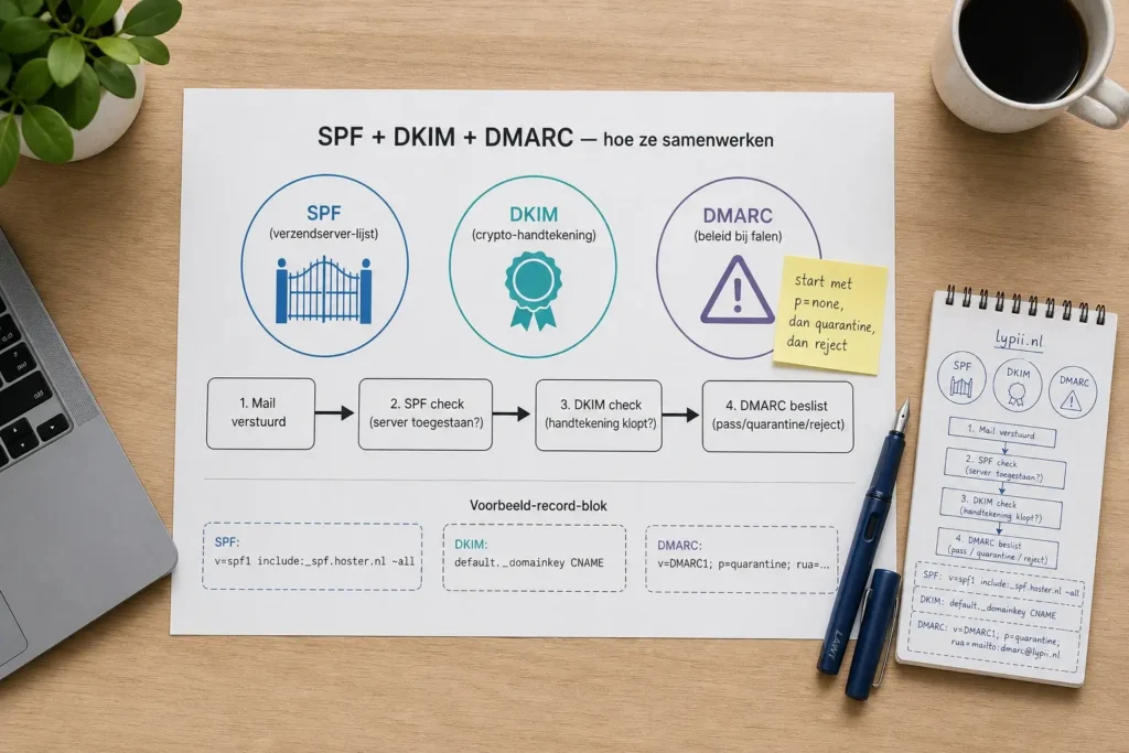 Overzicht van SPF, DKIM en DMARC als drie samenwerkende e-mail-protocollen