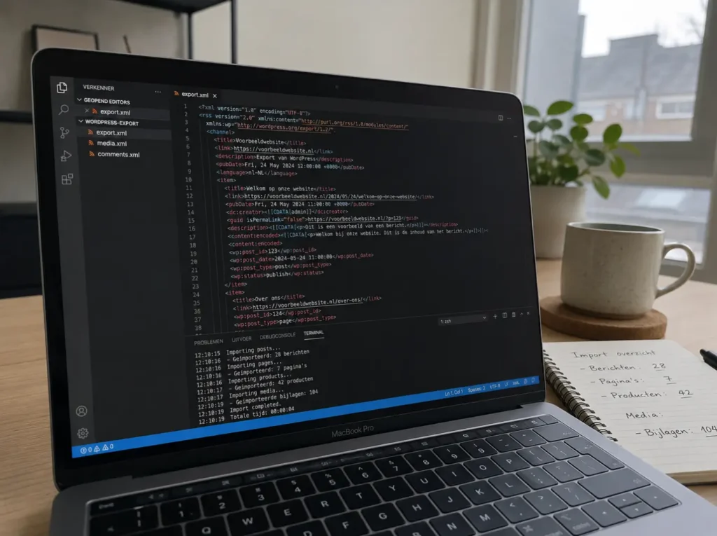 Inhoud van Squarespace XML-export in code-editor met structuur voor WordPress import