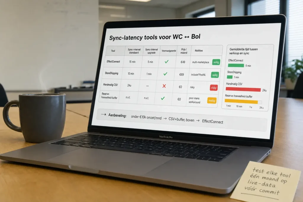 Sync-latency vergeleken tussen WooCommerce en Bol bij verschillende tools