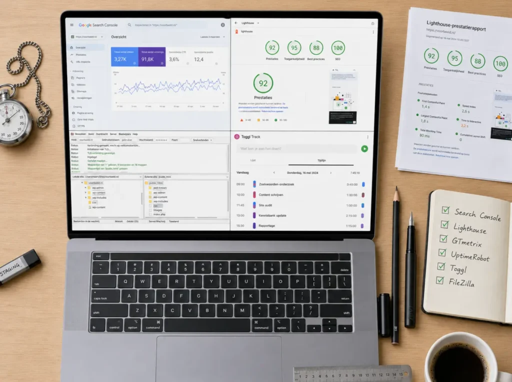 Toolkit lokale webmaster: werkbank met laptop, Lighthouse-rapport en tool-checklist